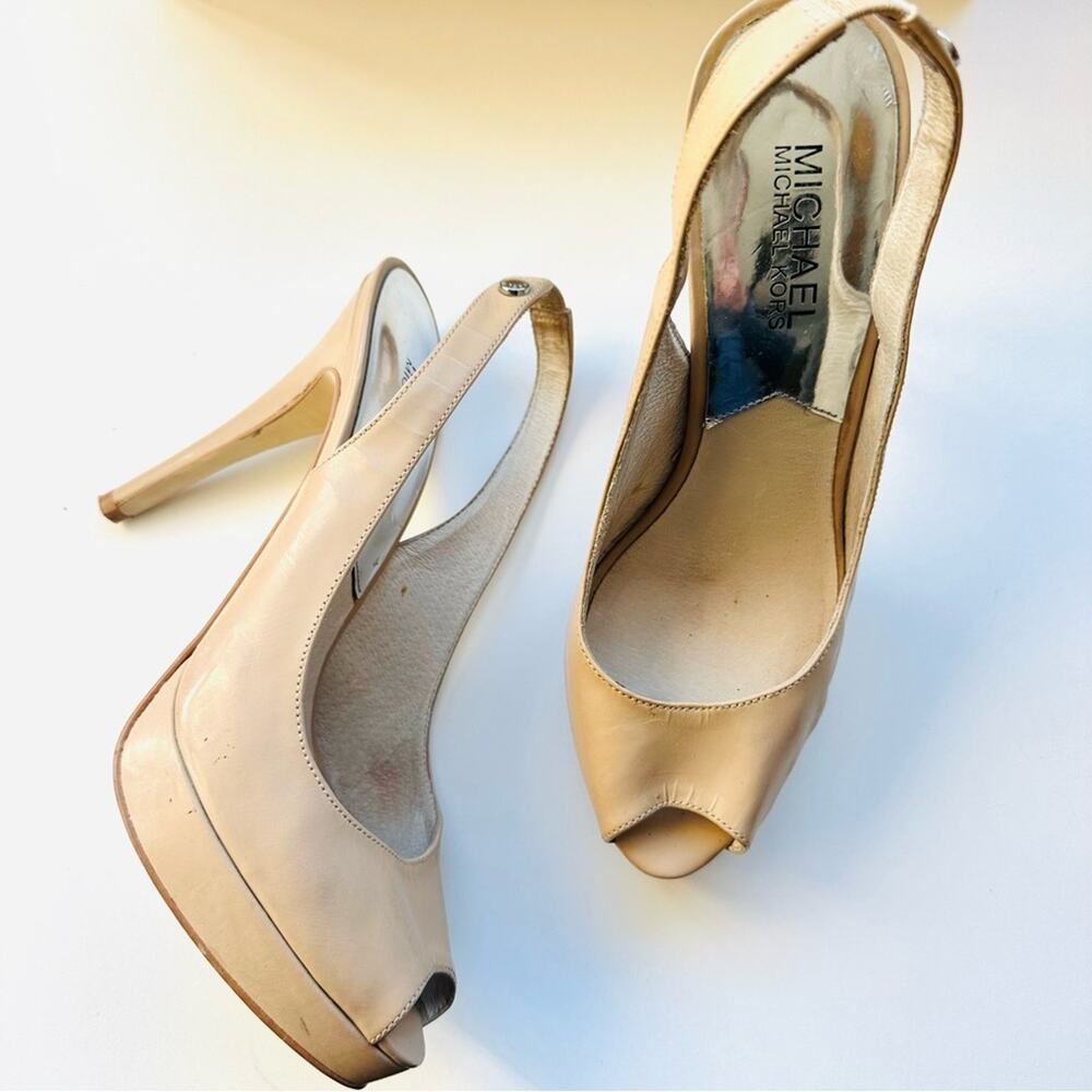 MICHAEL KORS Nude Beige Tan Leather Peep Toe Slingback 5” Heel Pumps Shoes 7 - Picture 16 of 16